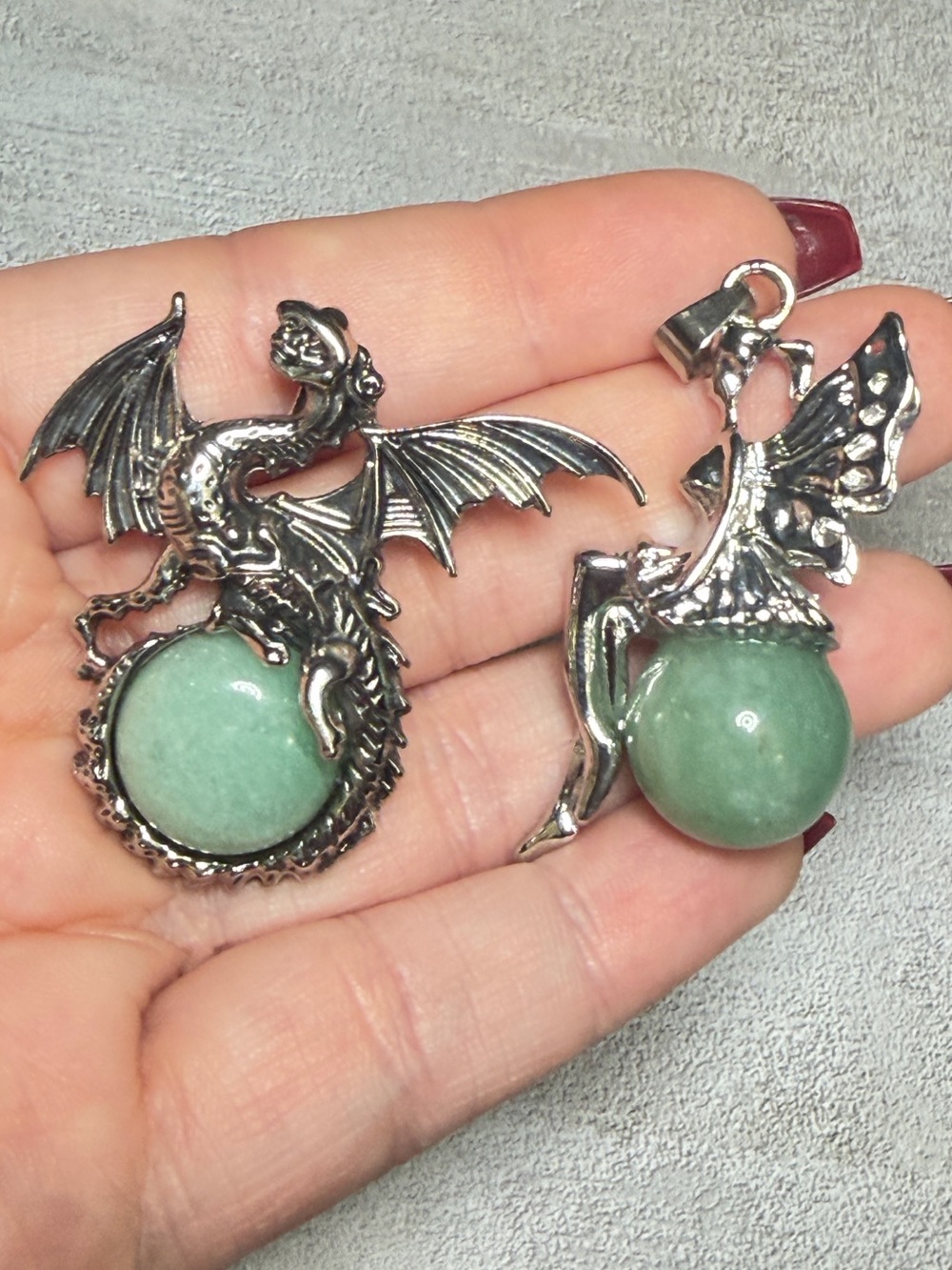 Fairy Dragon Pendant Set Green Natural Stone Fantasy Jewelry